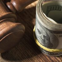 Money roll and judges hammer on wooden table Money roll and judges hammer on wooden table