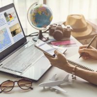 woman planning vacation trip and searching information woman planning vacation trip and searching information