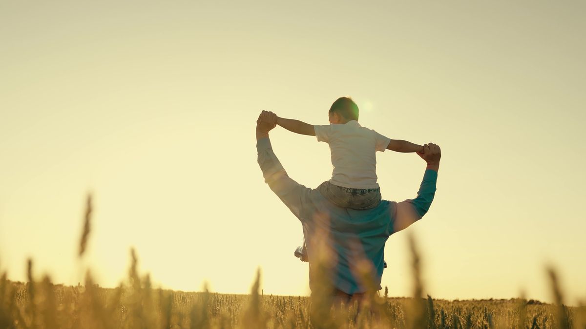 Agriculture. happy father farmer carries son child boy sunset. child sits happily his father shoulders wheat field. dad love child kid. beloved kid son arms his father. papa day. summer family walk sunset.