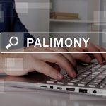 PALIMONY text in search bar. Bookkeeping clerk looking for something at laptop. PALIMONY concept.