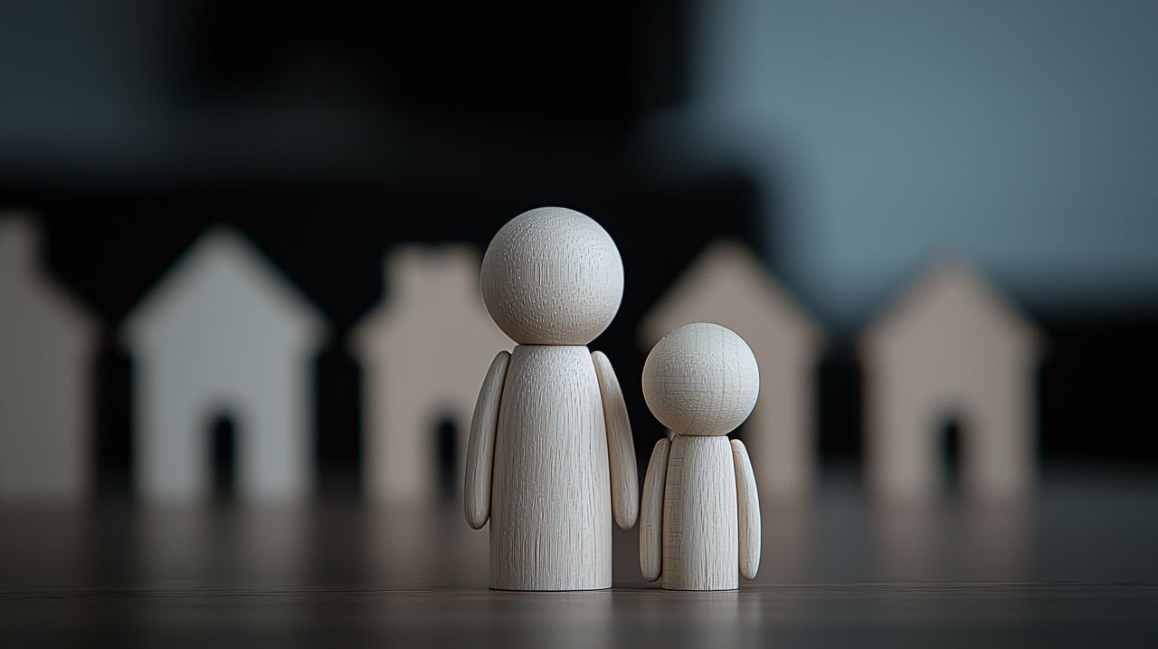 Two wooden figures standing in front of blurred house silhouettes on a dark background.