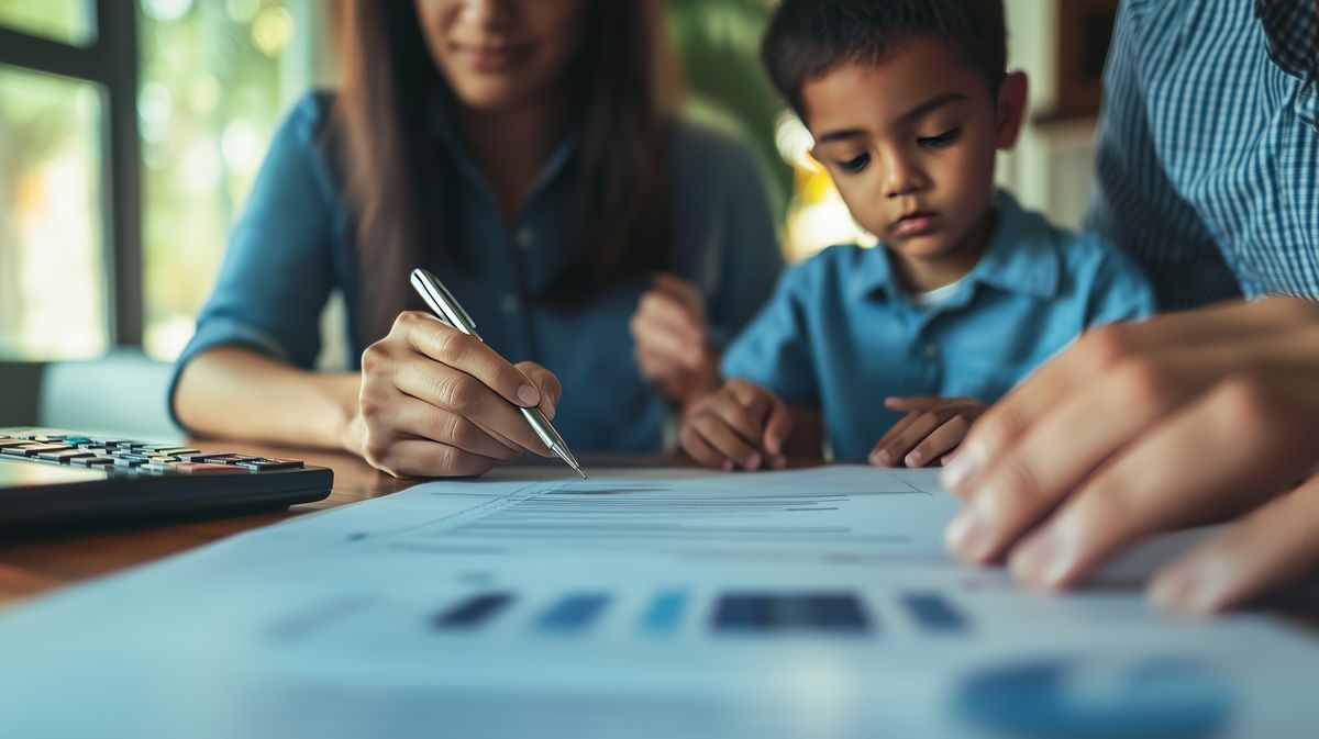 A family gathers around a table reviewing important financial documents, symbolizing planning, education, and financial responsibility.