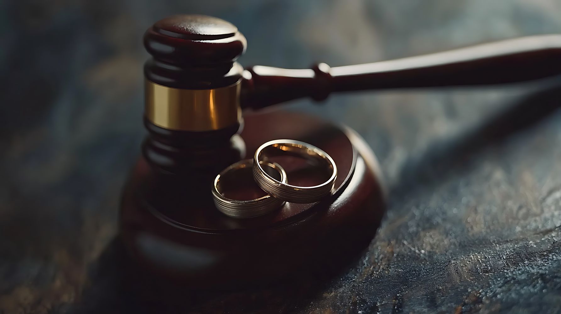 Judge gavel striking down wedding rings symbolizing divorce