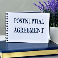 POSTNUPTIAL AGREEMENT - words in a notebook against the background of a diary and lavender