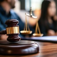 Family court session, judge listening to a custody case, family members present