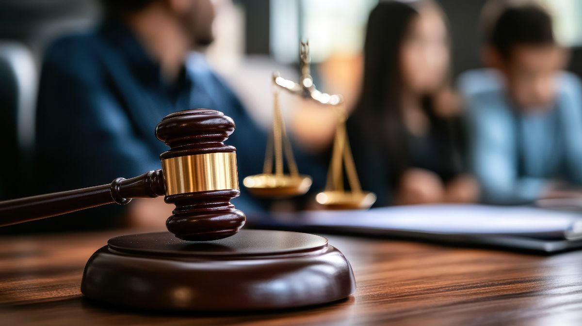 Family court session, judge listening to a custody case, family members present