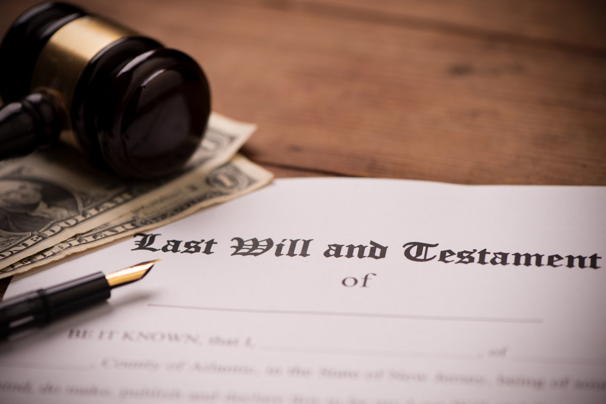 Last will and testament form with gavel. Decision, financial close up