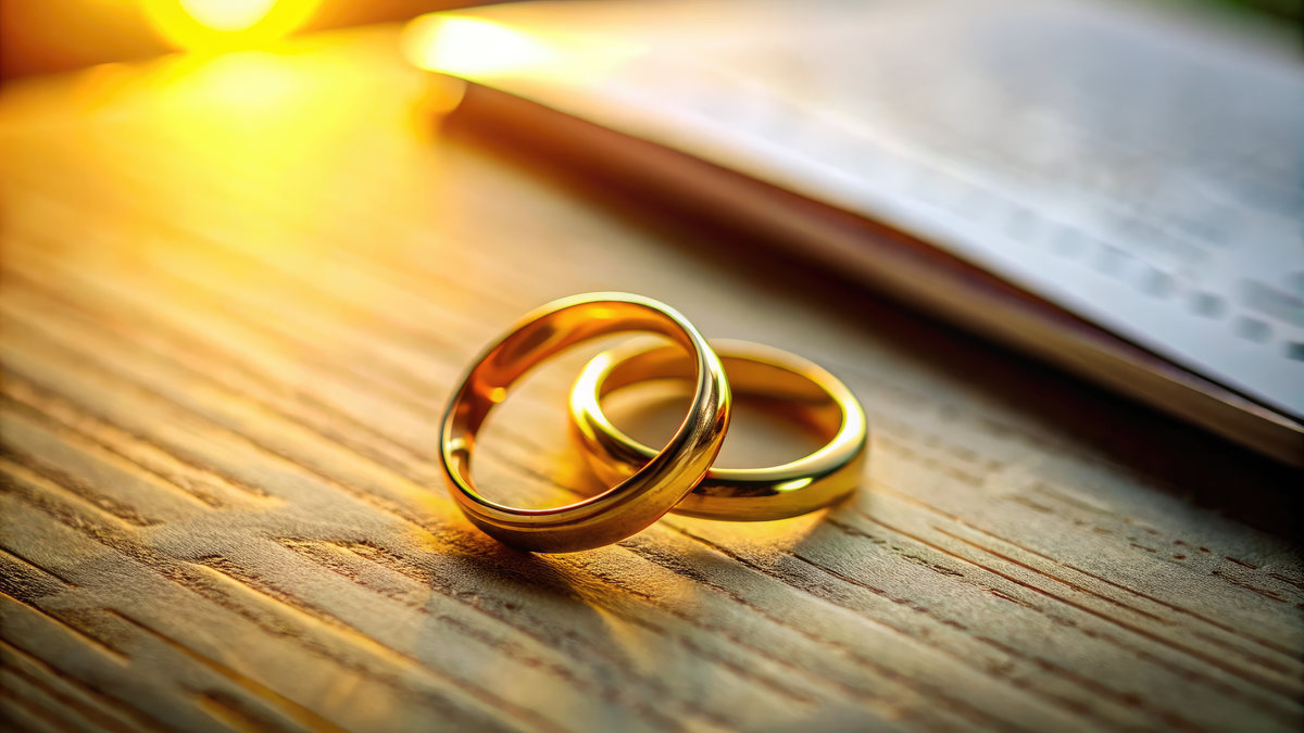 Candid Photography of a Postnuptial Agreement Form and Elegant Golden Ring Symbolizing Commitment and Security in Marriage, Perfect for Legal and Relationship Themes