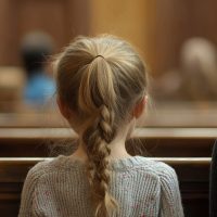 A rear view of a young child with a braided ponytail sitting on a wooden bench, looking forward in what appears to be a courtroom or hearing room.