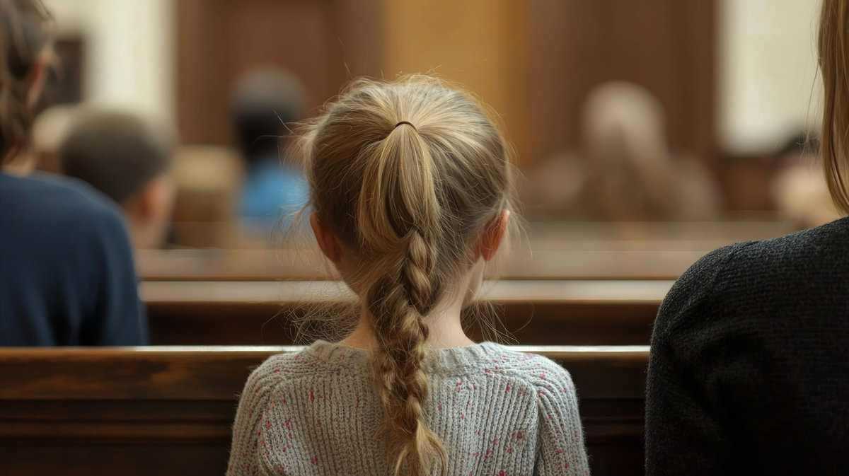 A rear view of a young child with a braided ponytail sitting on a wooden bench, looking forward in what appears to be a courtroom or hearing room.