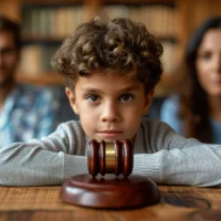 cute-child-and-mother-at-table-with-gavel-of-judge-blurred-in-background