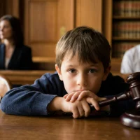 sad-young-boy-sitting-in-a-courtroom-with-a-wooden-gavel-on-the-table-while-parents-sit-in-the-background